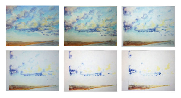 Rosemary Dzus, "Prairie Sky", watercolour and photocopies, 2014